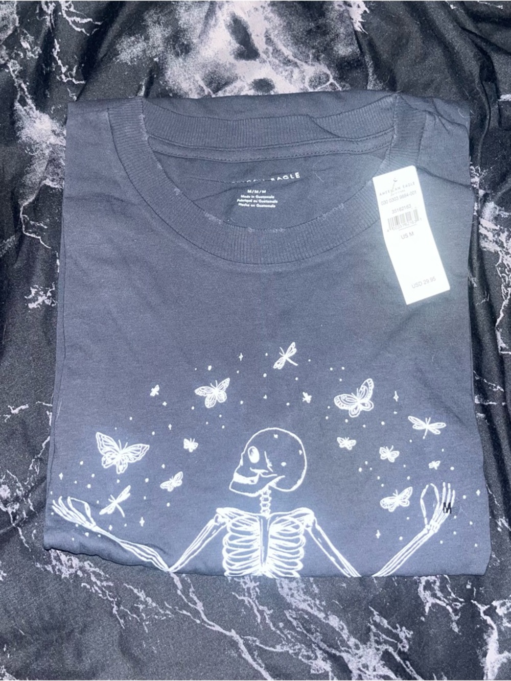 American eagle oversized m Graphite gray Graphic Tee White Skeleton Butterflies
